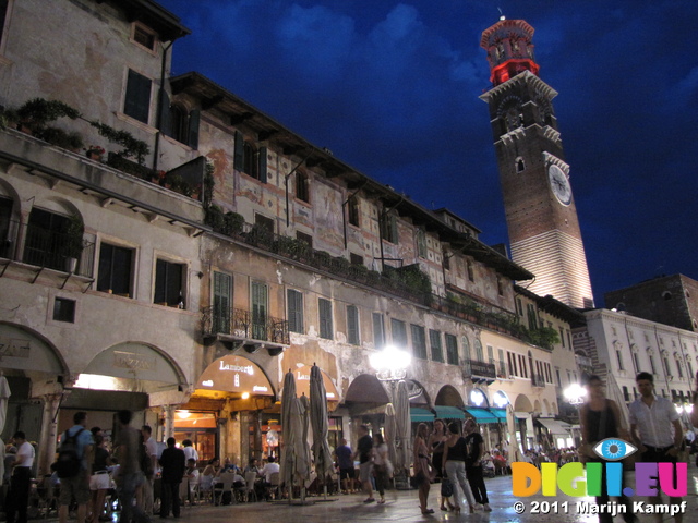 SX19427 Lamberti Tower from Piazza delle Erbe at night in Verona, Italy